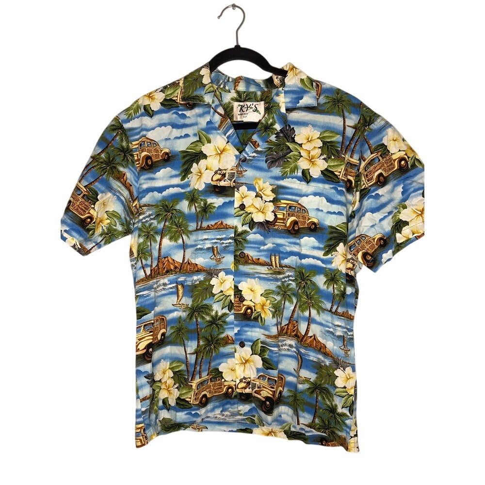 Vintage Ky's Surf Woody Car Hawaiian Vacation Palm Trees‎ Aloha Button Up Shirt